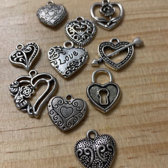 Lot of 10 Heart Silvertone Charms, Decor, Jewelry Making, Scrapbooking, Bracelet - Picture 4 of 4